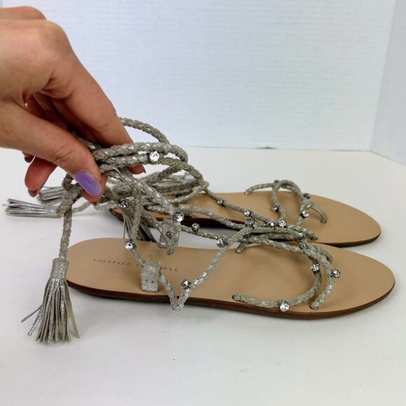 LOEFFLER RANDALL Bo Crystal Embellished Braided Ankle Tie Sandals Metallic Sz 8 - Picture 4 of 14